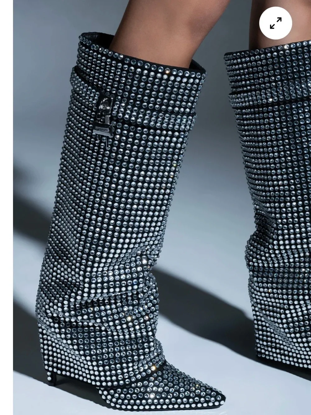 Rhinestone-Embellished Black Over-the-Knee Stiletto Boots